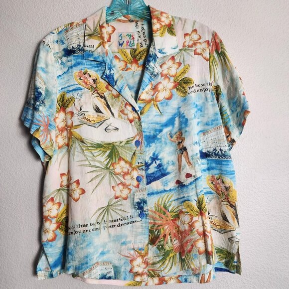 Jams World Shirt Womens Small Blue Love Letter Aloha Hawaiian Made in USA Camp - Picture 1 of 11